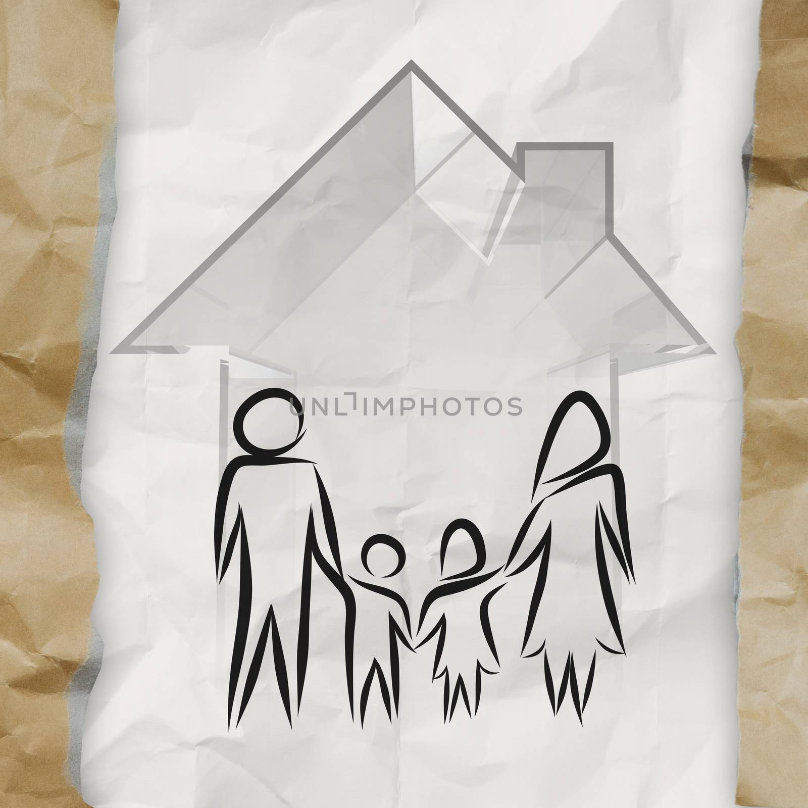 hand drawn 3d house wtih family icon on crumpled paper backgroun by everythingpossible