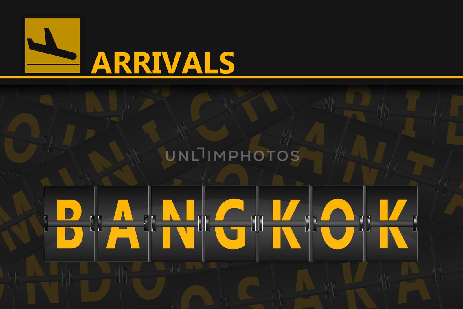 Bangkok on airport arrivals flipping panel, 3d rendering