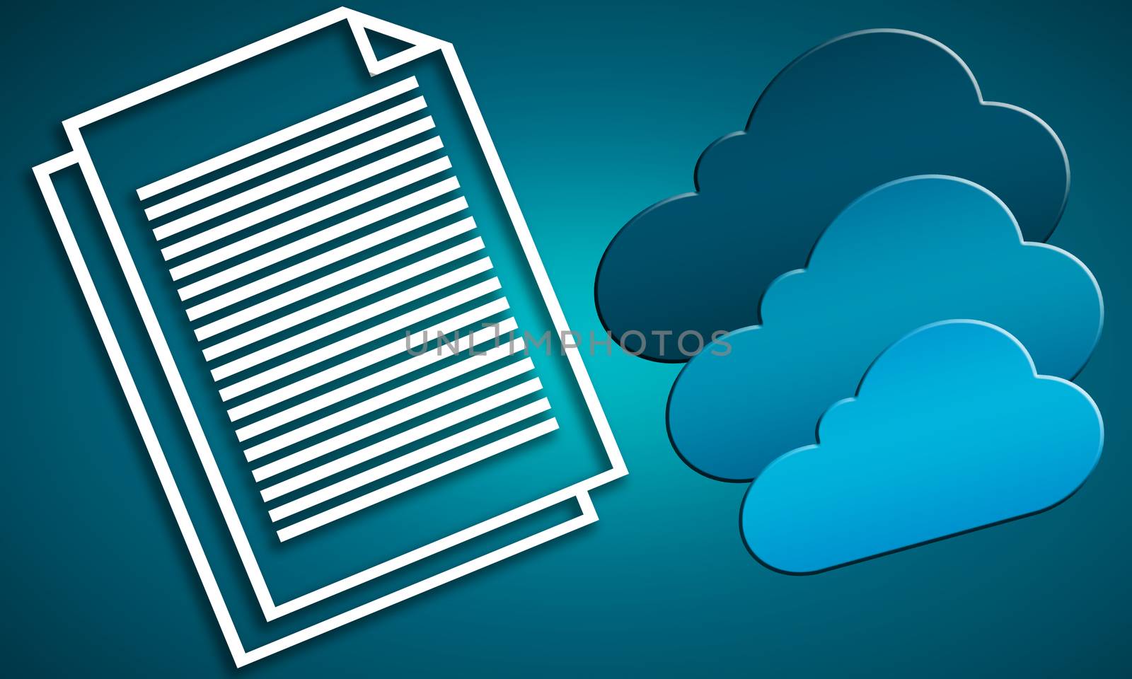 Blue internet cloud icon and White line text document, 3d rendering