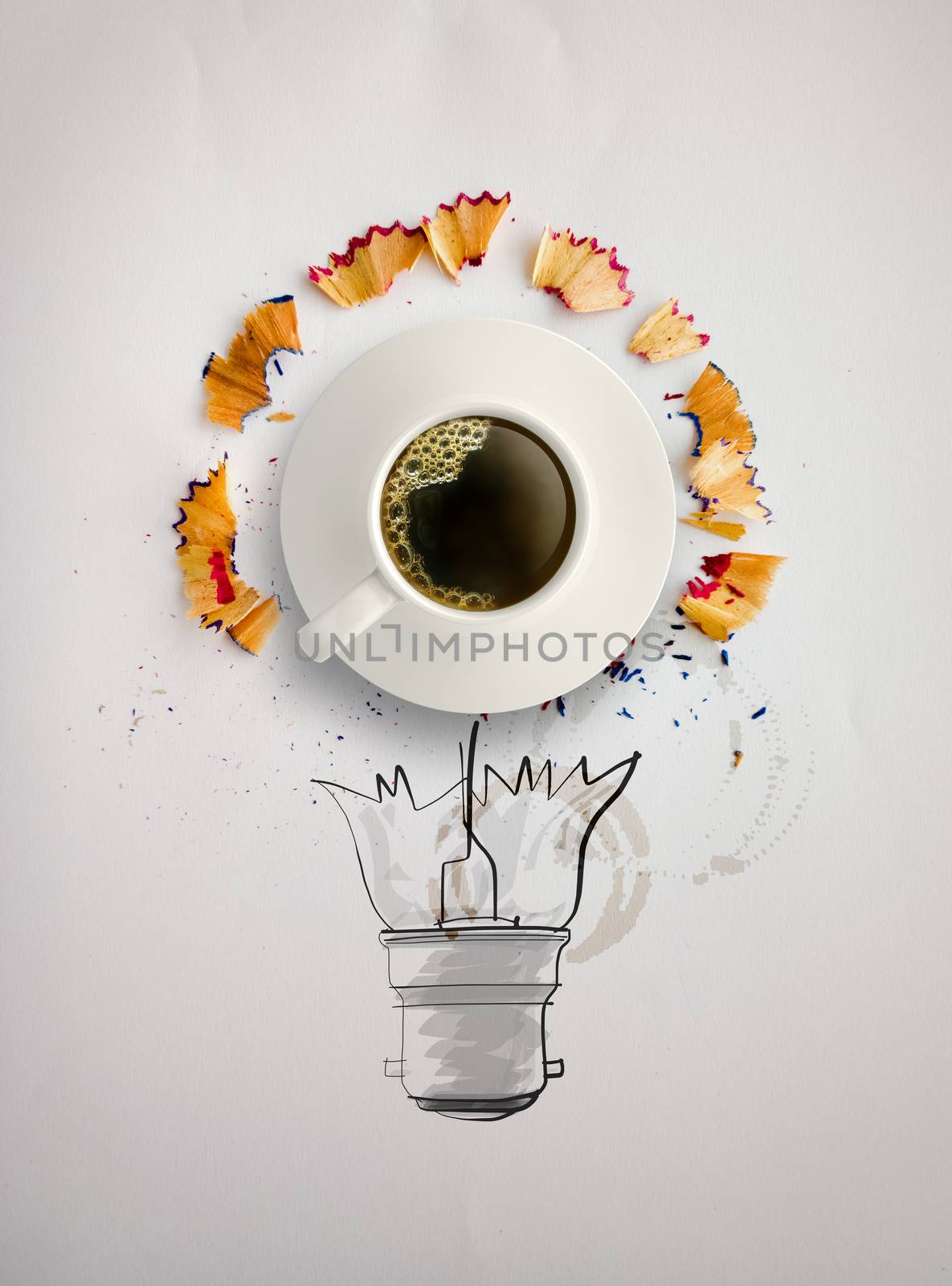 hand drawn light bulb with pencil saw dust and 3d cup of coffee  by everythingpossible