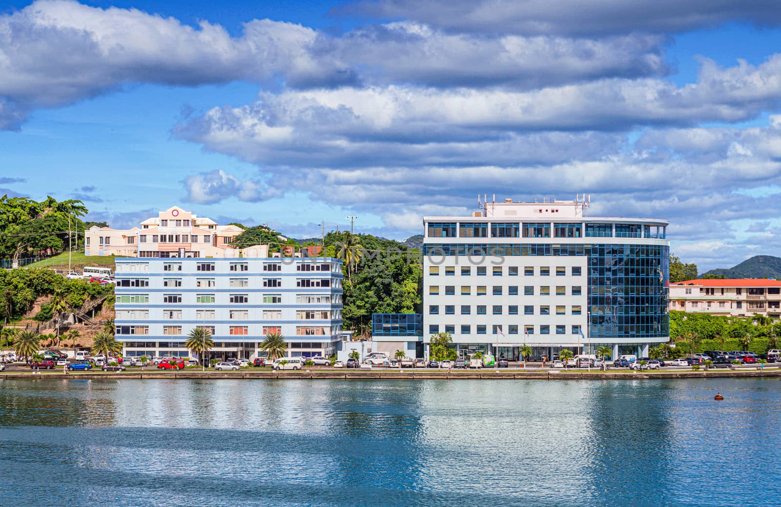 Two Blue Office Buildings on St Lucia Harbor