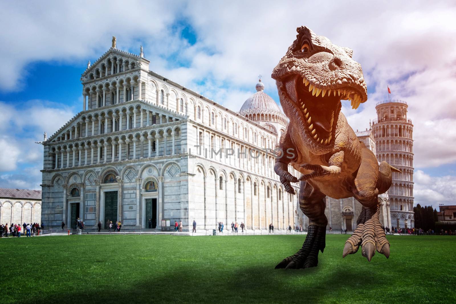 Dinosaurs model on The Leaning Tower of Pisa by Surasak