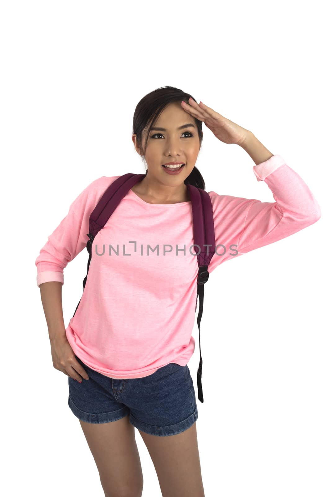Asian girl in pink t-shirt and blue jean shorts with backpack lo by pandpstock_002
