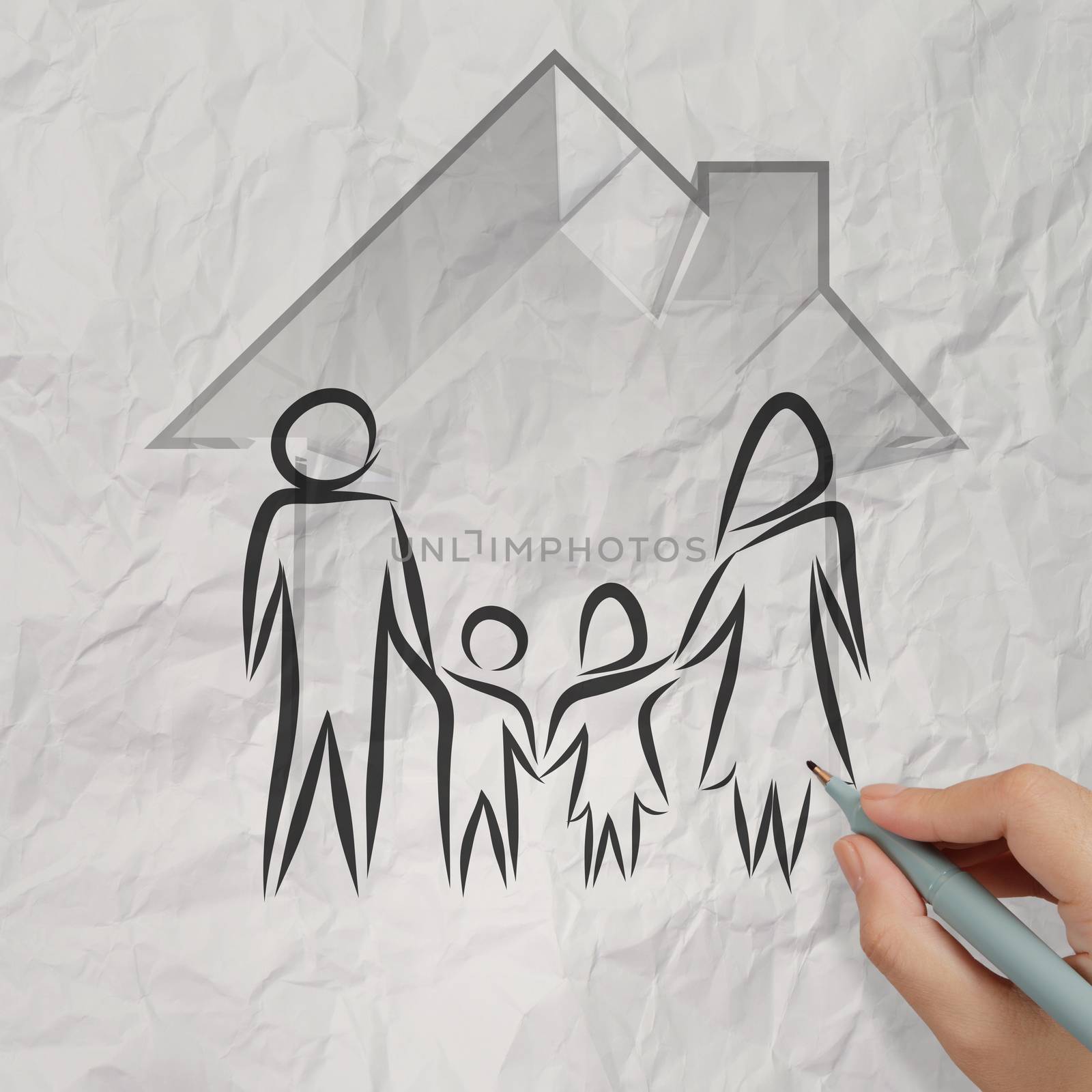 hand drawing 3d house wtih family icon on crumpled paper background as insurance concept