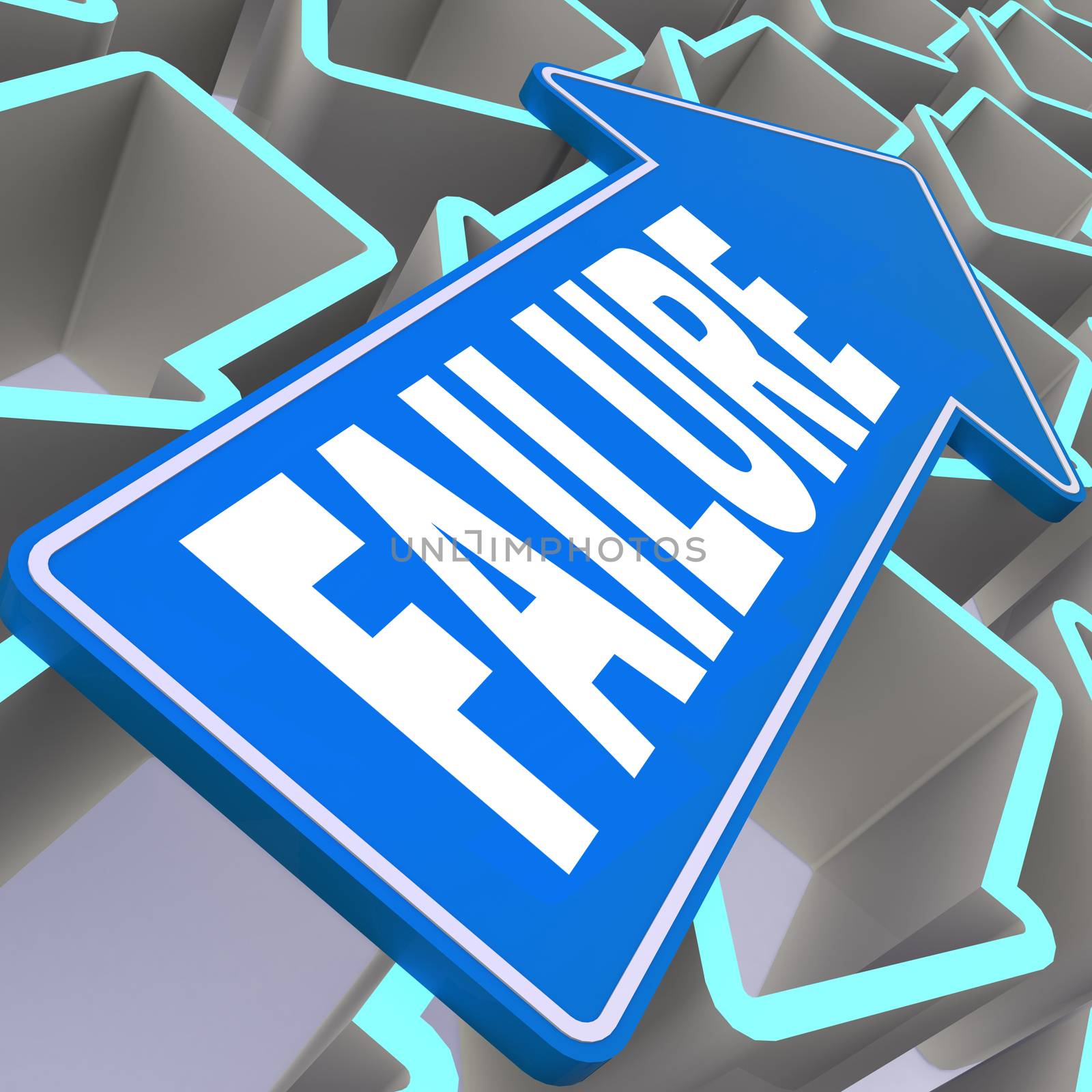 Failure word with blue arrow, 3D rendering