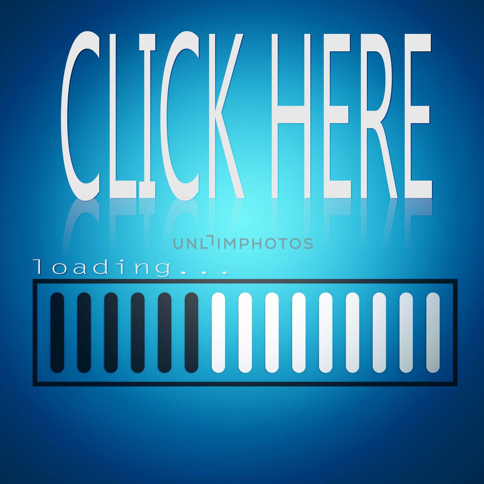 Click here word with blue loading bar, 3D rendering