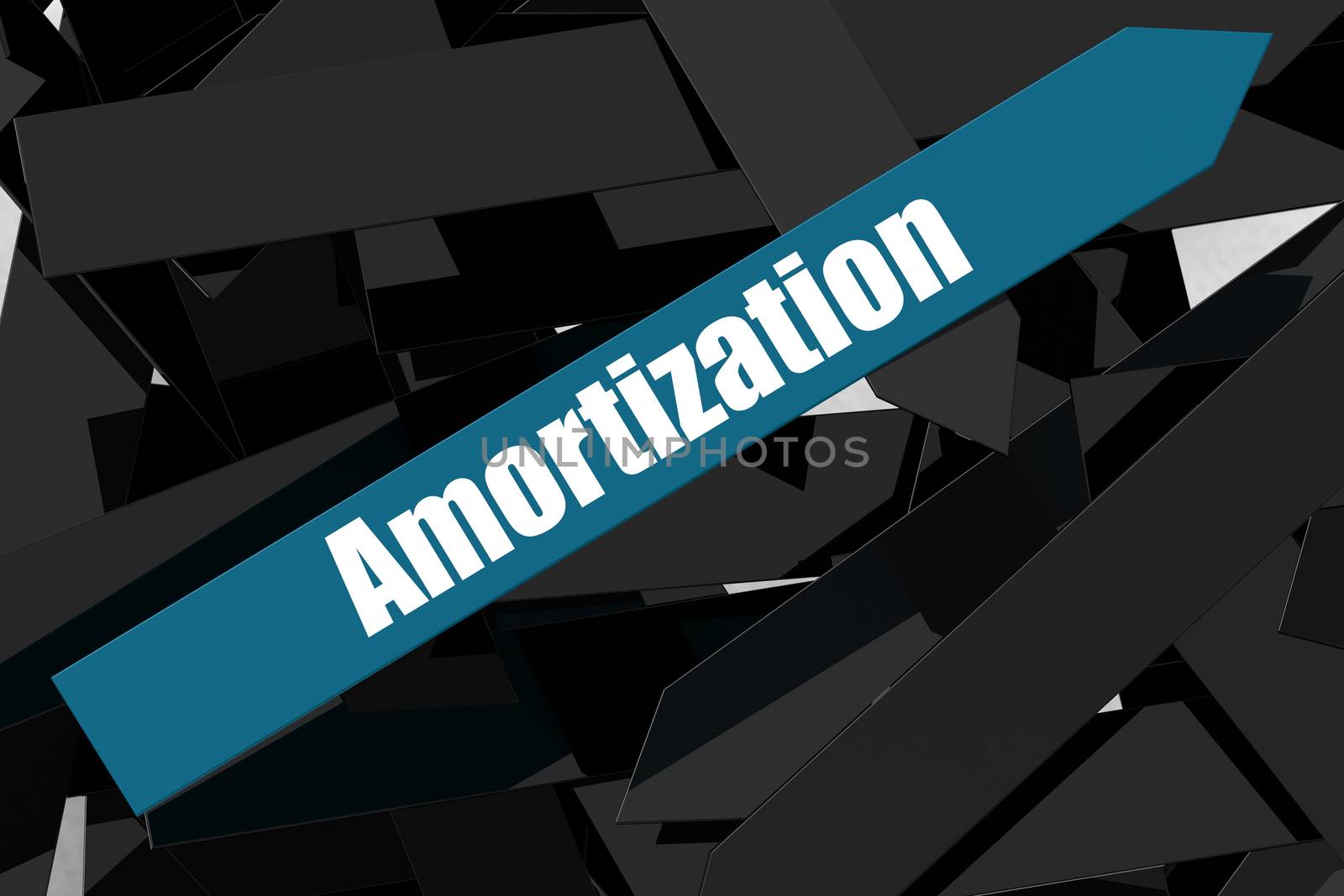 Amortization word on the blue arrow, 3D rendering