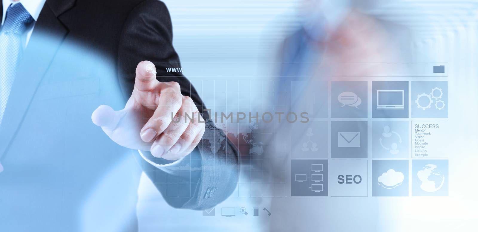 businessman hand working with www. written in search bar on modern computer interface 