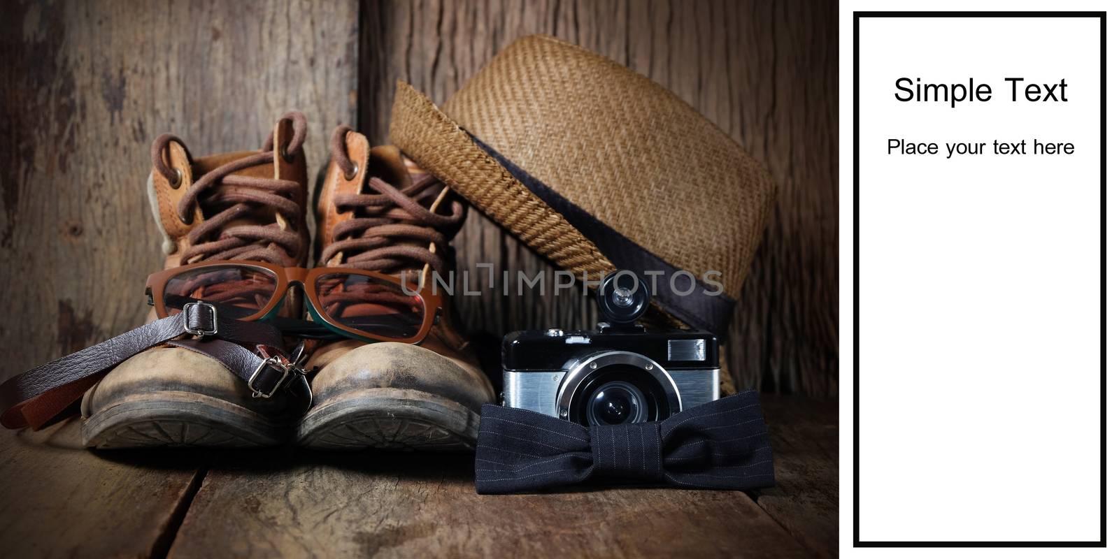 Shoe hat and accessories travel set on a wooden background and space for text

