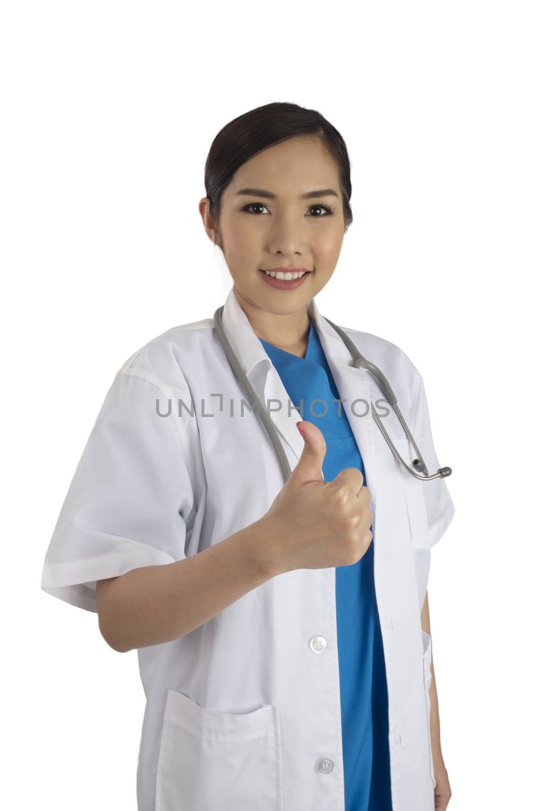 Female doctor in uniform show her thumb up for excellence medical care service on white background.