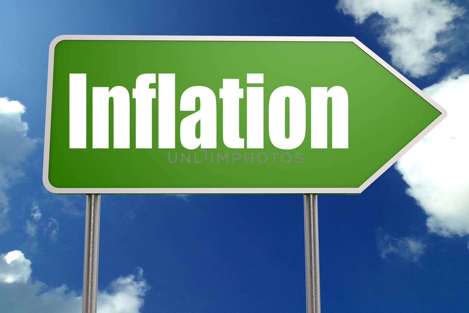 Inflation word on green road sign, 3D rendering