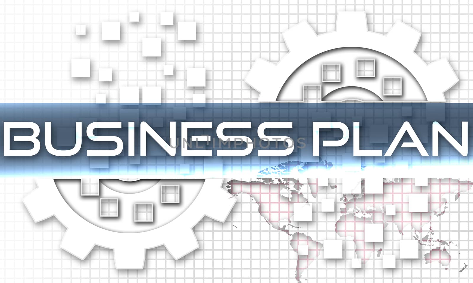 Business plan text on the mechanism of gears. Technology background, 3d rendering.