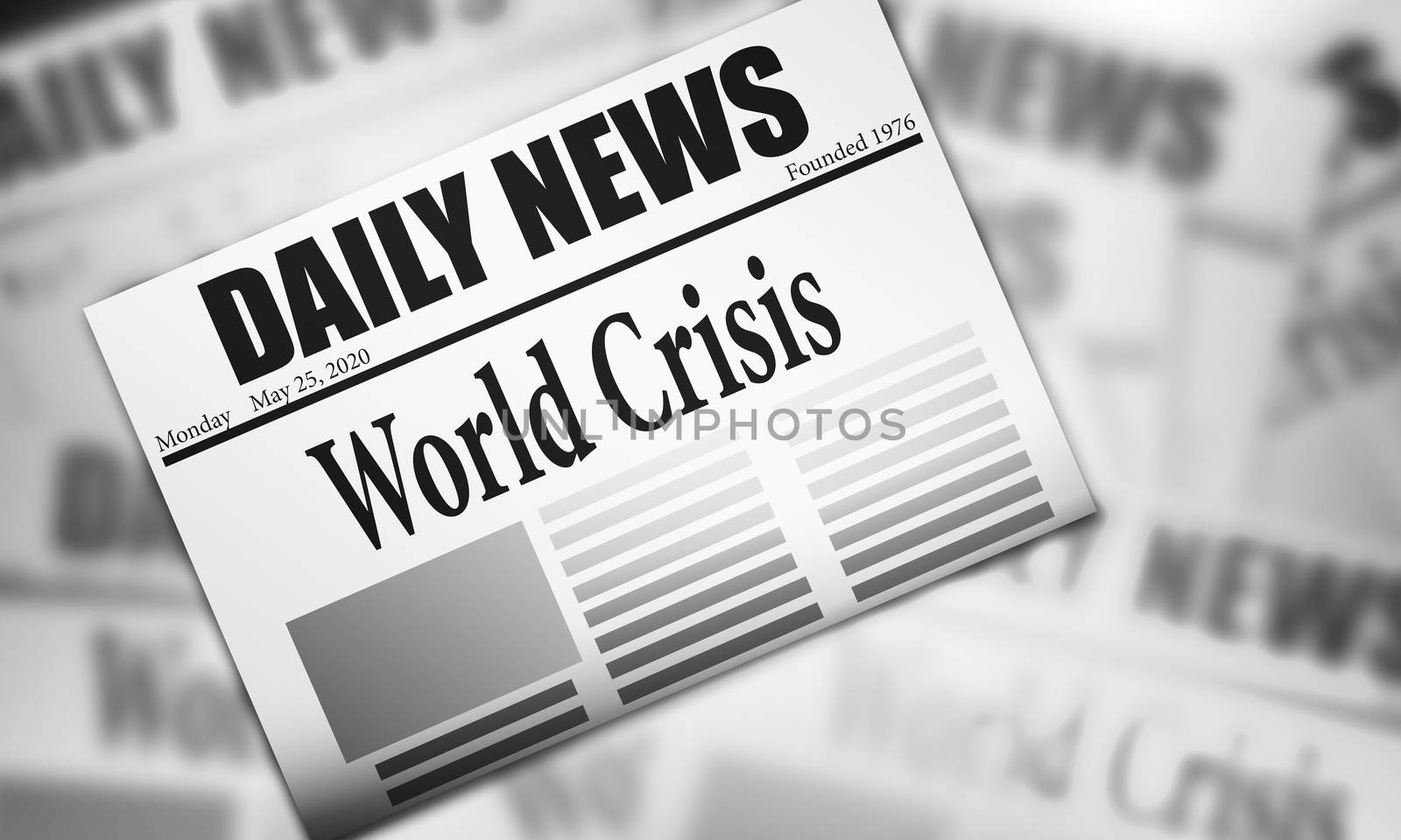 Newspaper issues with world crisis news , 3d rendering