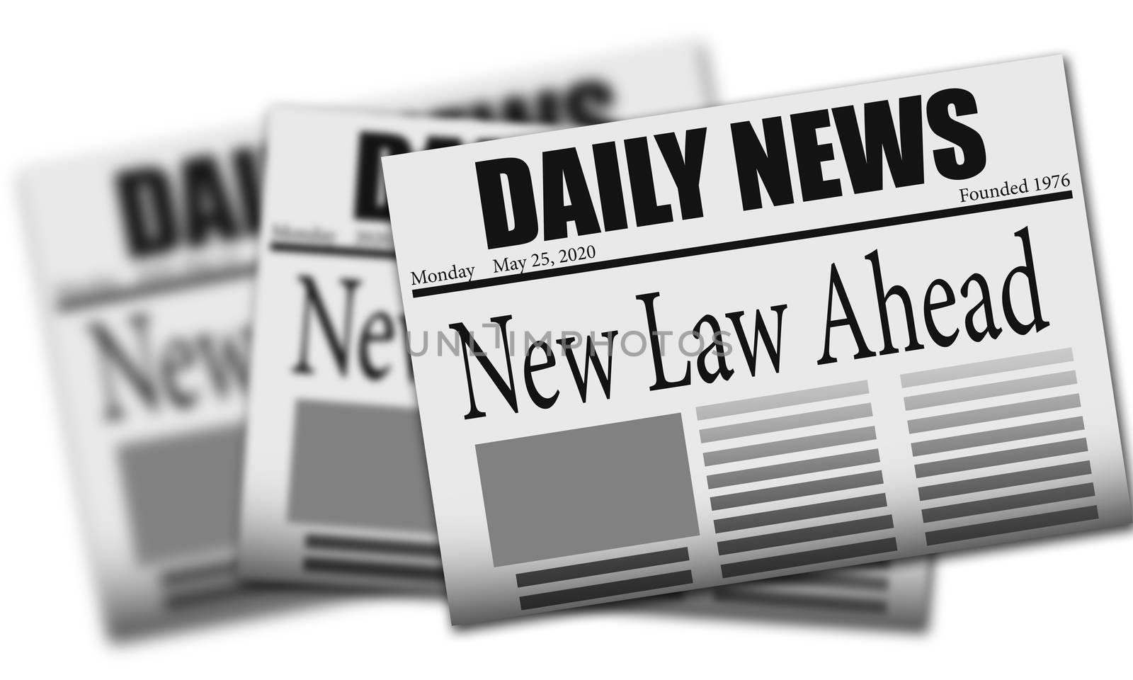 New law take effect as newspaper headline, 3d rendering