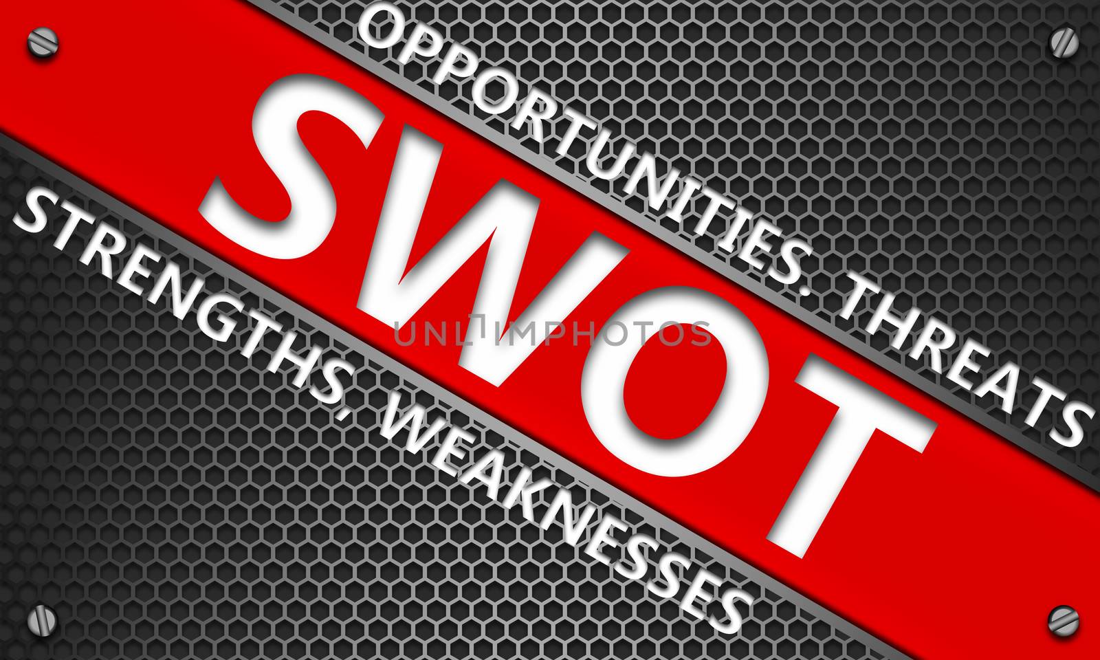 SWOT analysis business strategy concept on mesh hexagon background, 3d rendering
