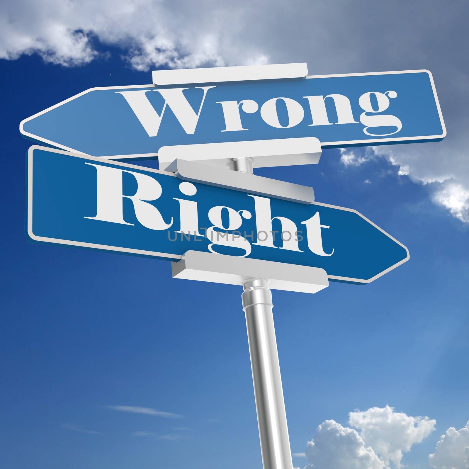 Wrong and right signs with blue sky, 3D rendering