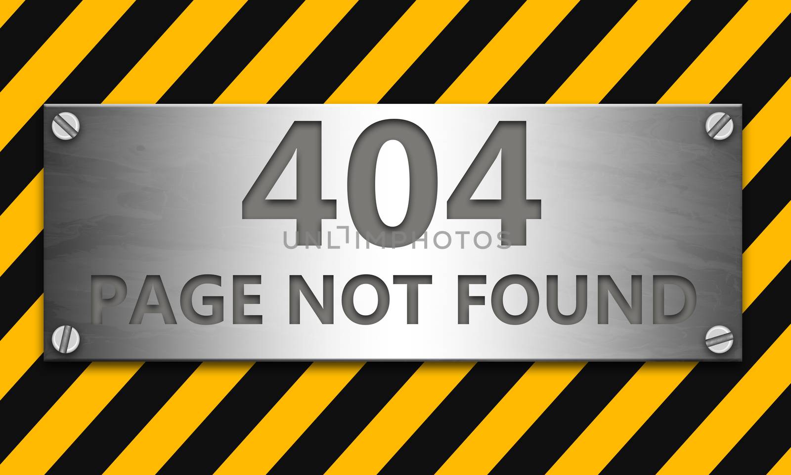 Page not found 404 banner with yellow caution strip background, 3d rendering