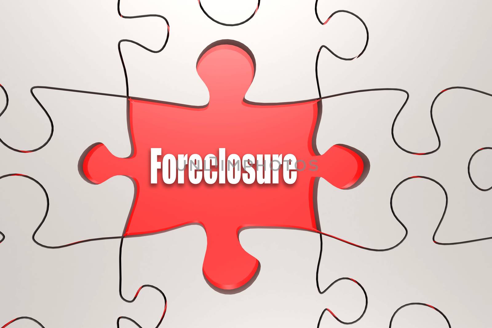 Foreclosure word on jigsaw puzzle, 3D rendering