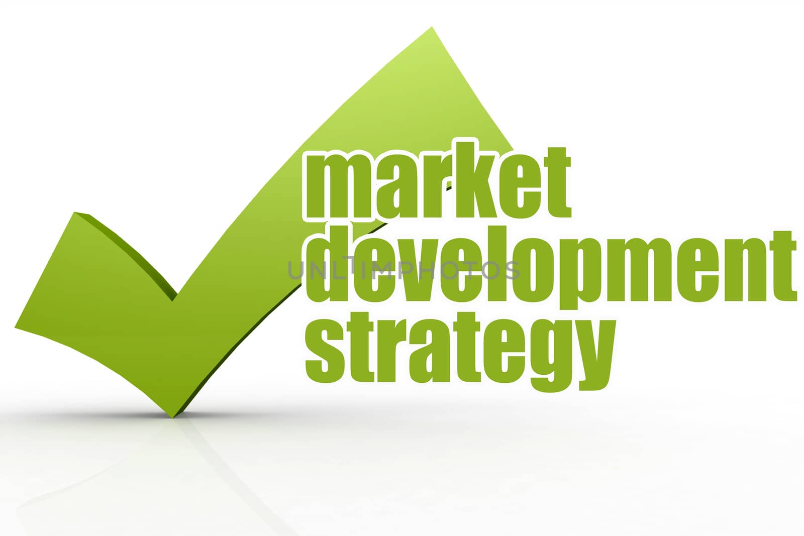Market development strategy word with green checkmark, 3D rendering