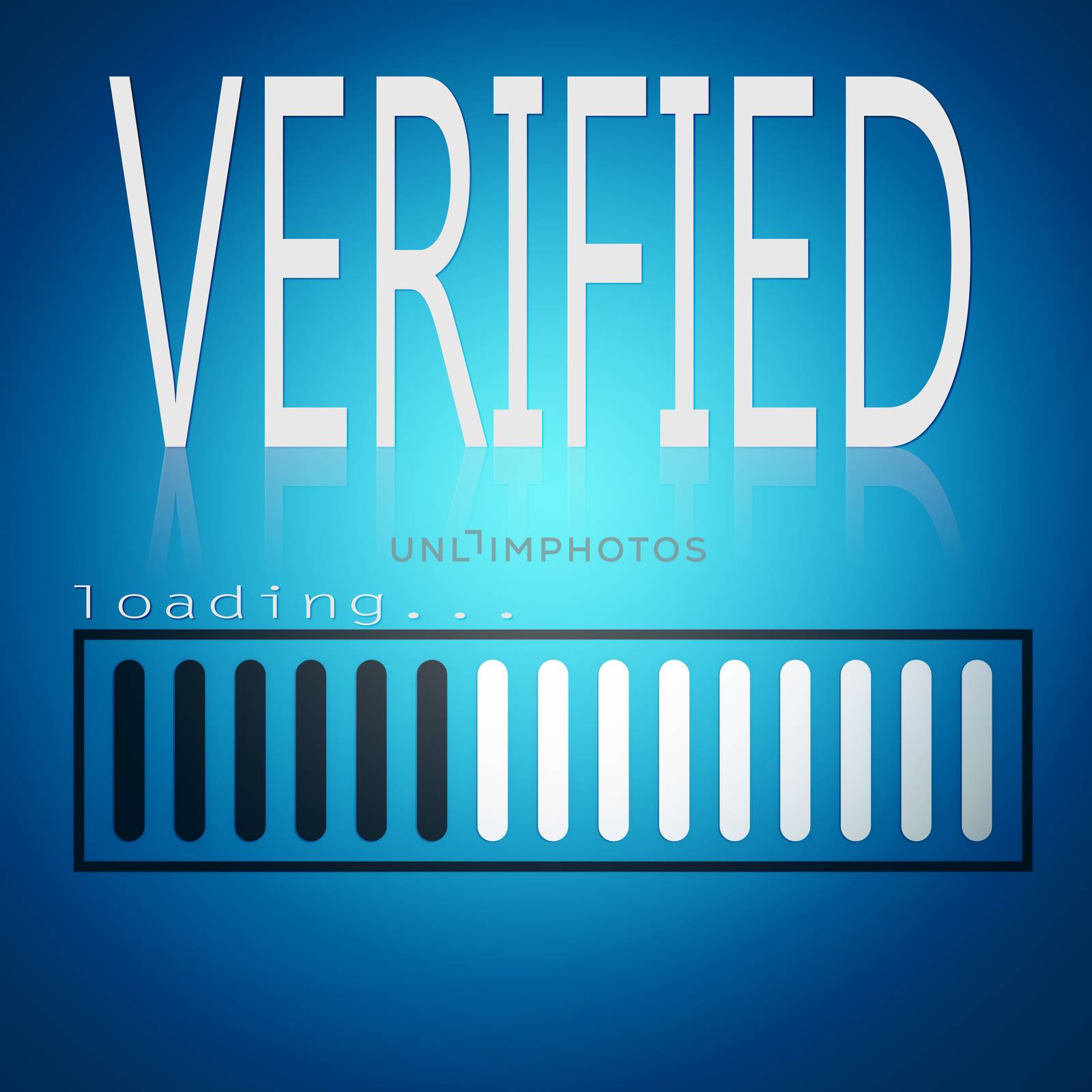 Verified word with blue loading bar, 3D rendering