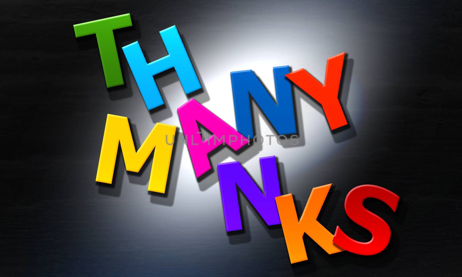 Many thanks phrase composed of multicolored alphabet , 3d rendering