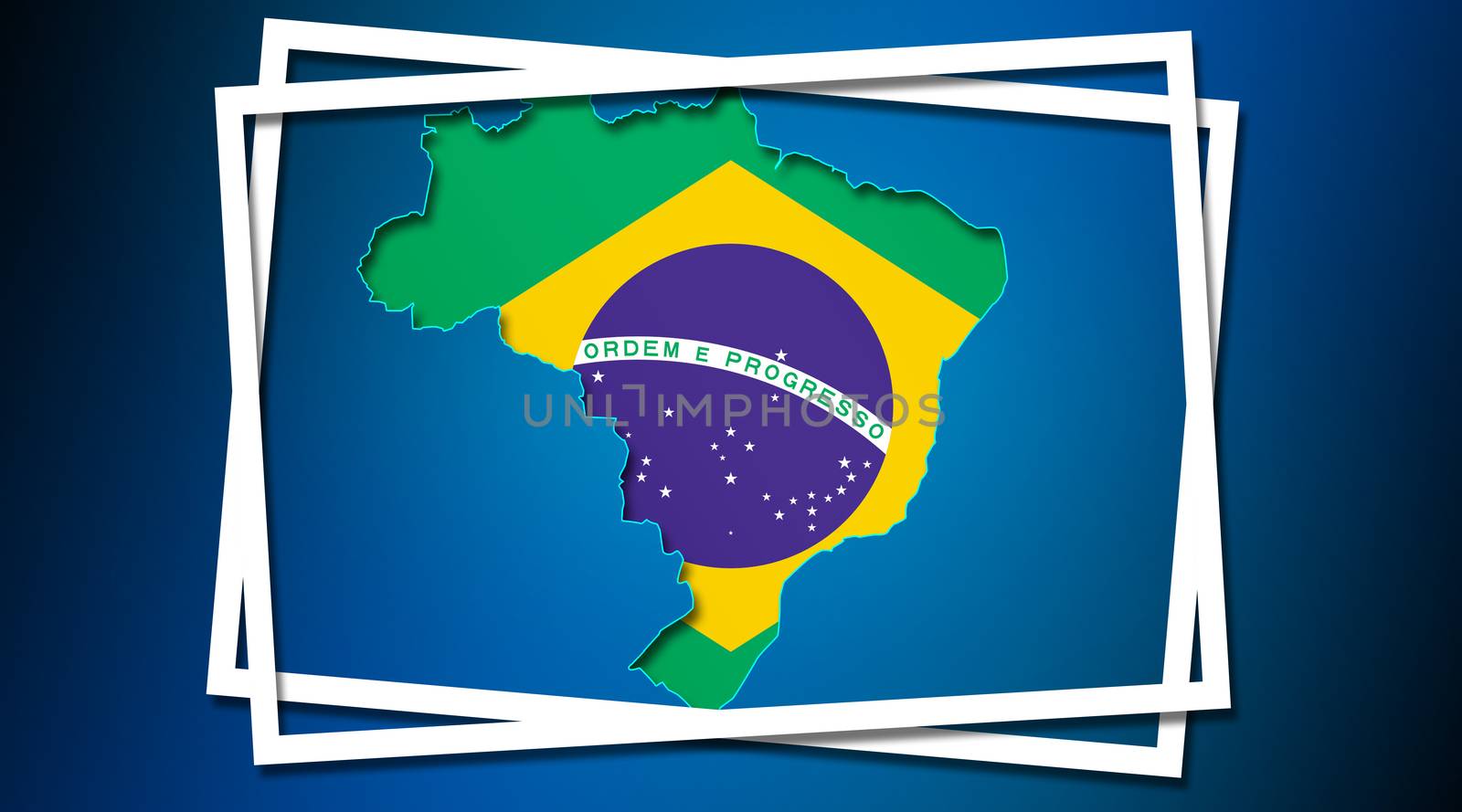 Map of Brazil land border with flag in white frames. 3d rendering