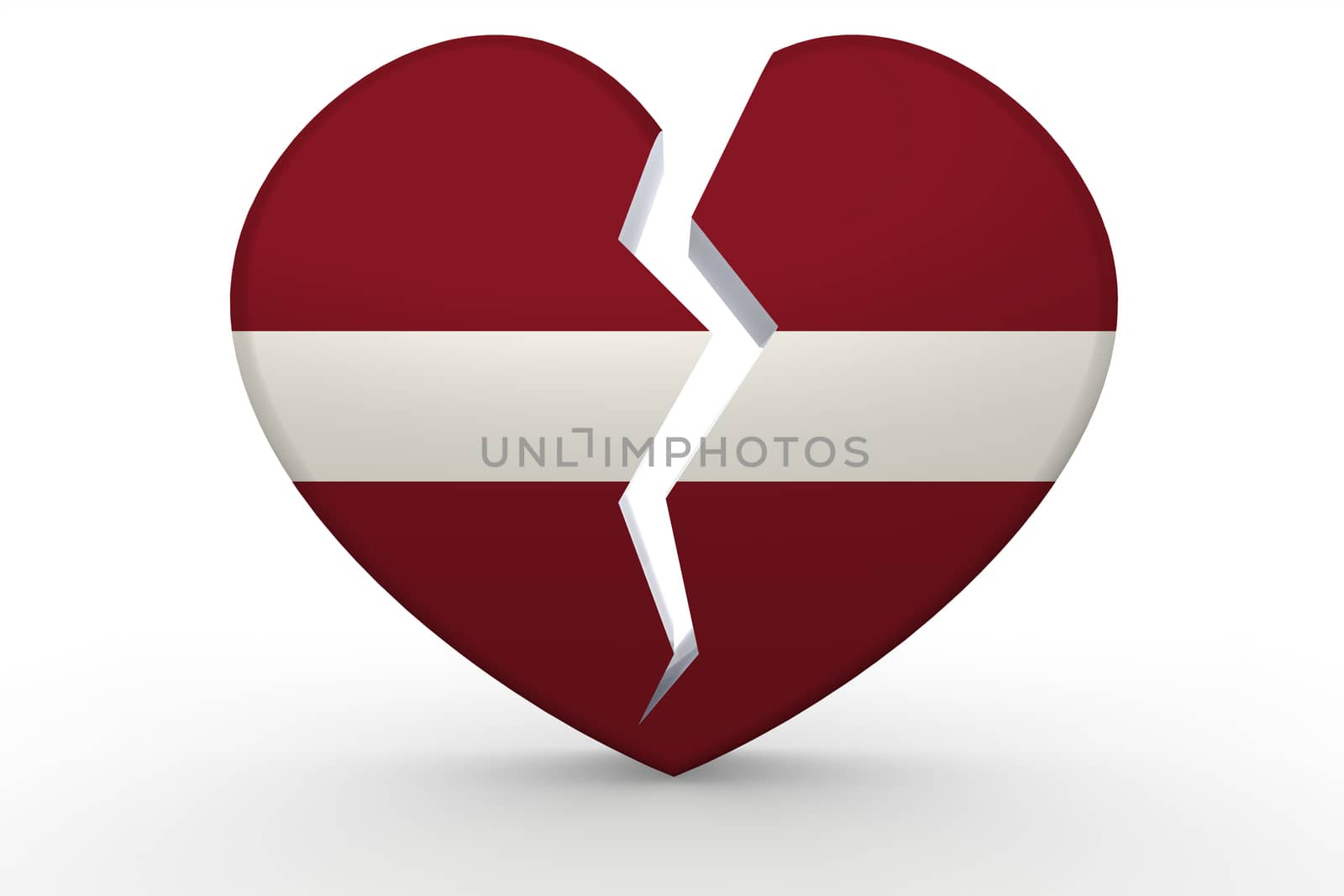Broken white heart shape with Latvia flag, 3D rendering
