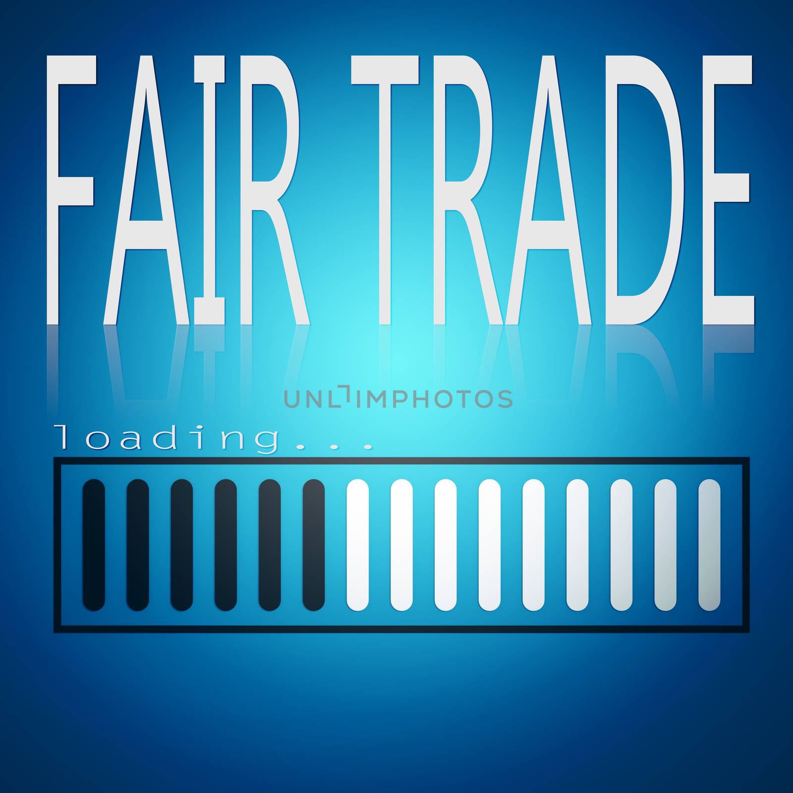 Fair trade word with blue loading bar, 3D rendering