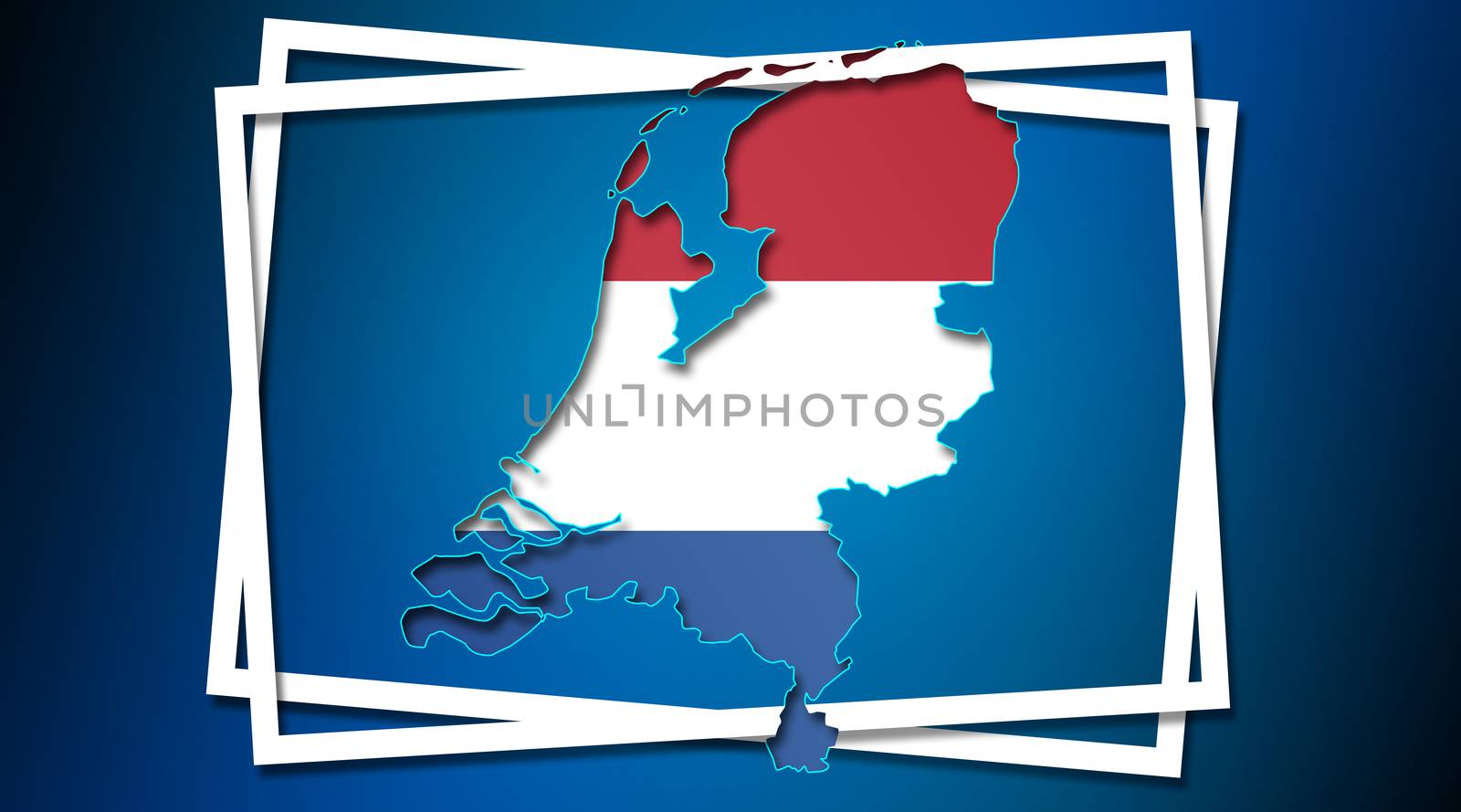 Map of Netherlands land border with flag in white frames. 3d rendering