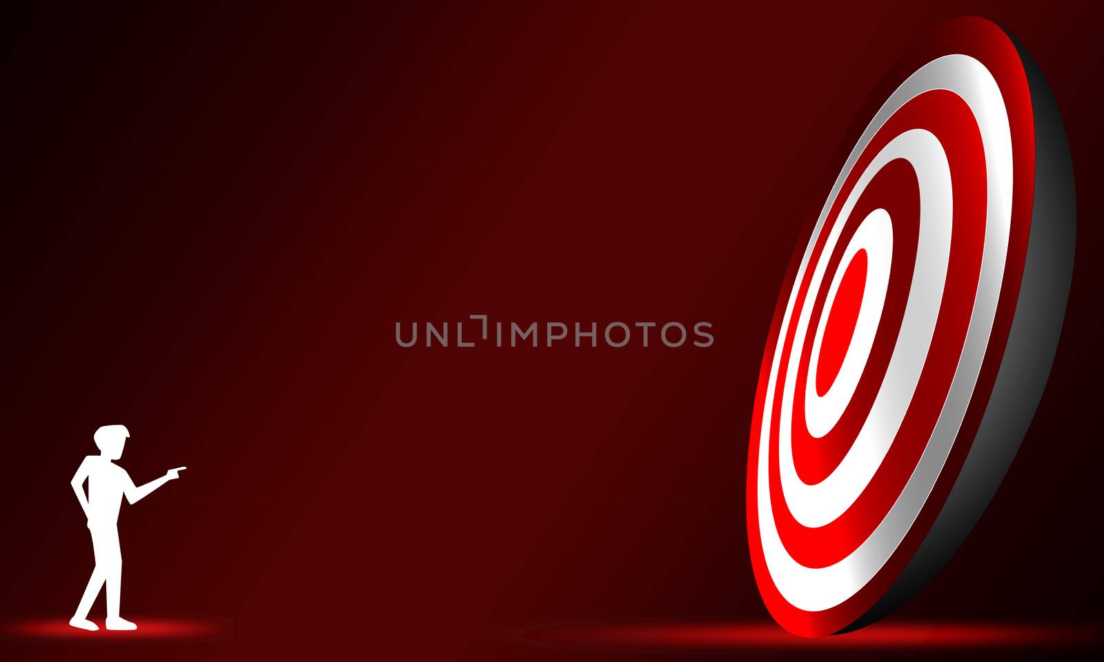 Man pointing to center of target for success, 3d rendering