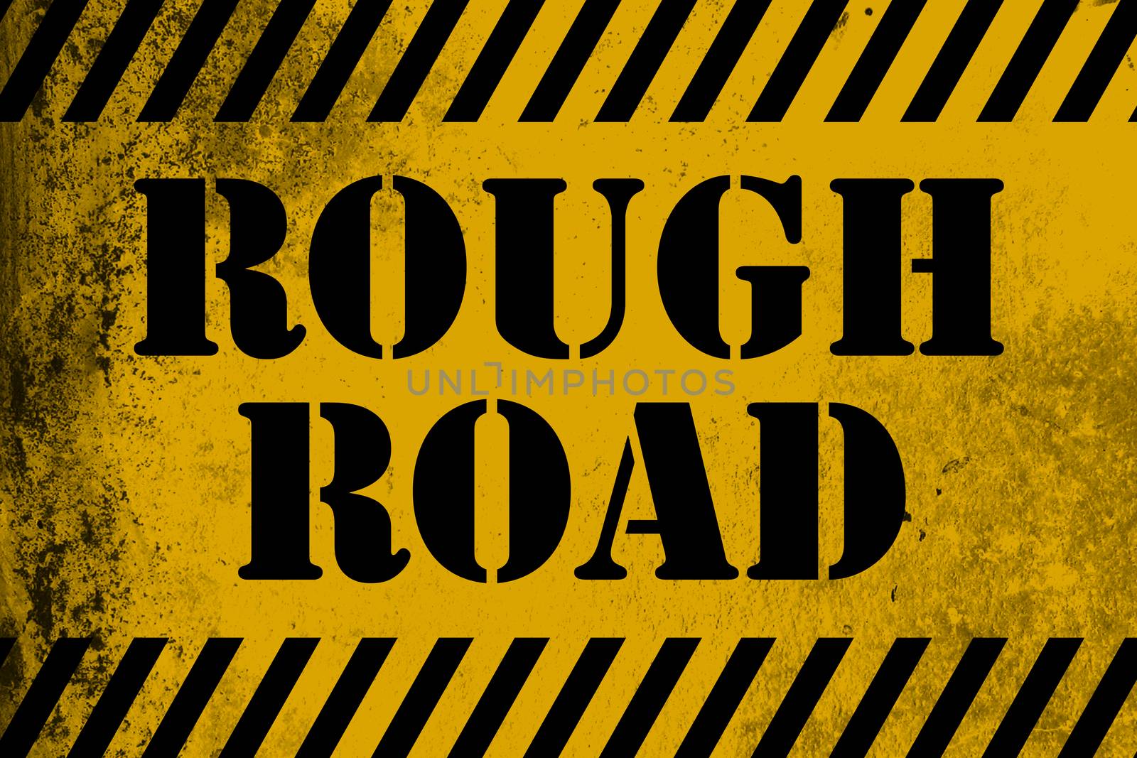 Rough Road sign yellow with stripes, 3D rendering