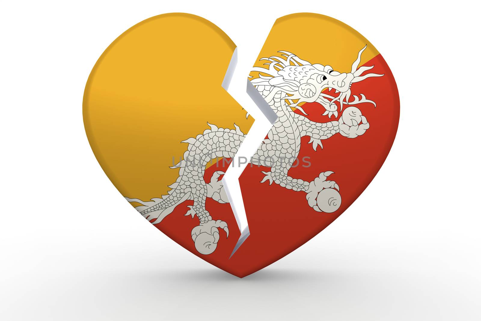 Broken white heart shape with Bhutan flag, 3D rendering