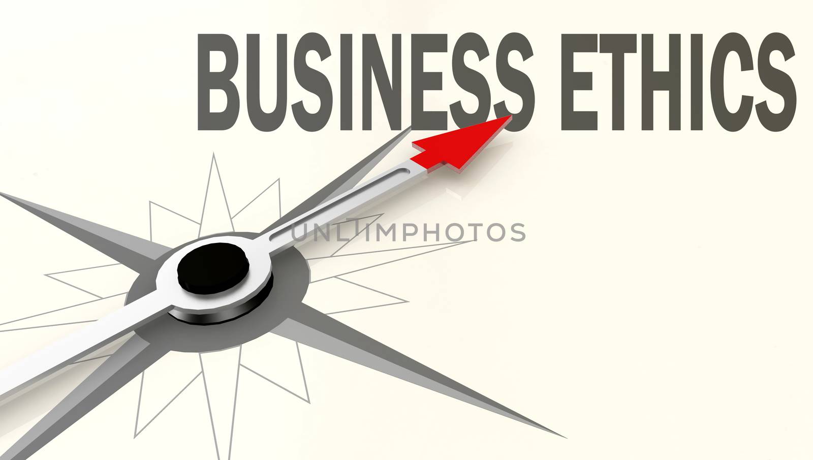 Business ethics word on compass with red arrow, 3D rendering