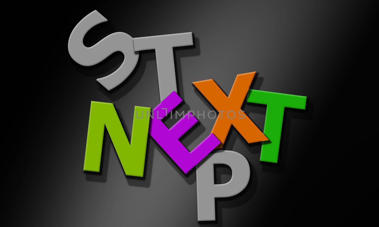 Next step word composed of multicolored alphabet, 3d rendering