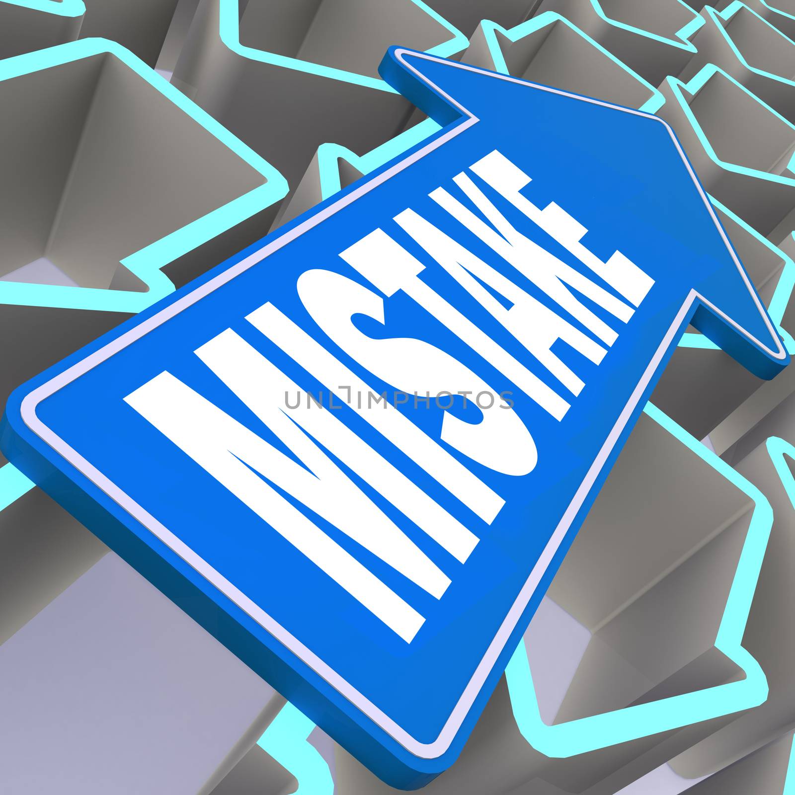 Mistake word with blue arrow, 3D rendering