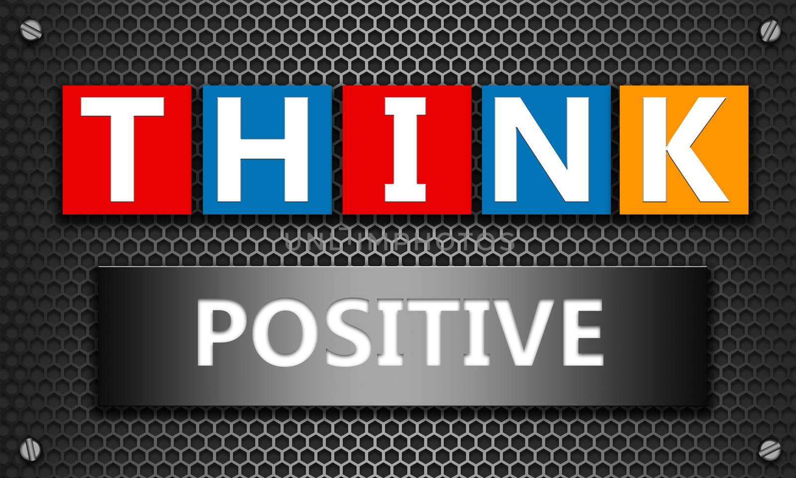 Think positive concept on mesh hexagon background, 3d rendering