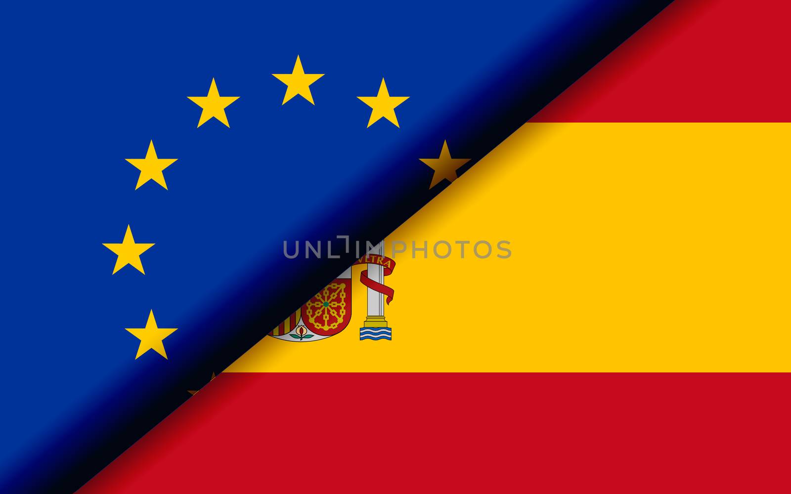 Flags of the EU and Spain divided diagonally. 3D rendering