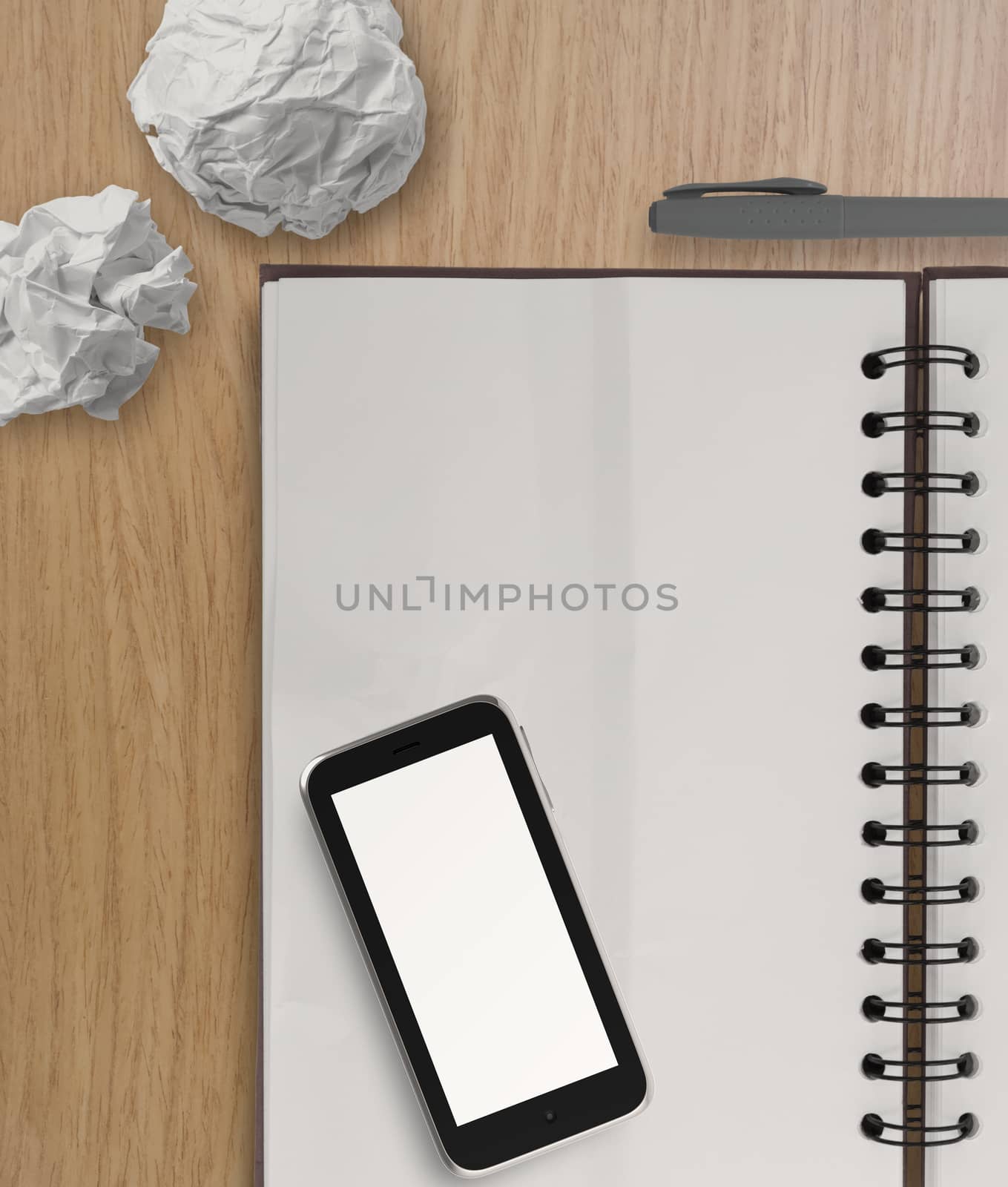 3d empty  mobile phone and note book on the wooden desk  by everythingpossible
