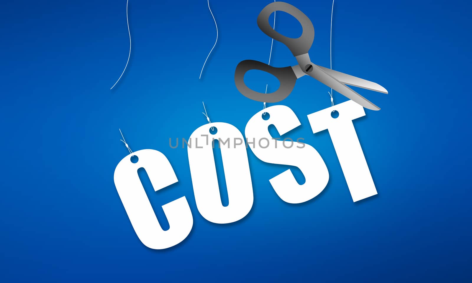 Use scissors to cut away cost word, 3d rendering