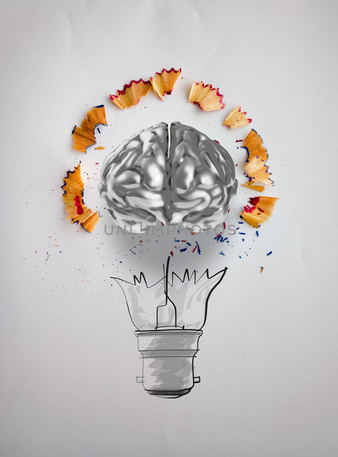 hand drawn light bulb with pencil saw dust and 3d brain icon on  by everythingpossible