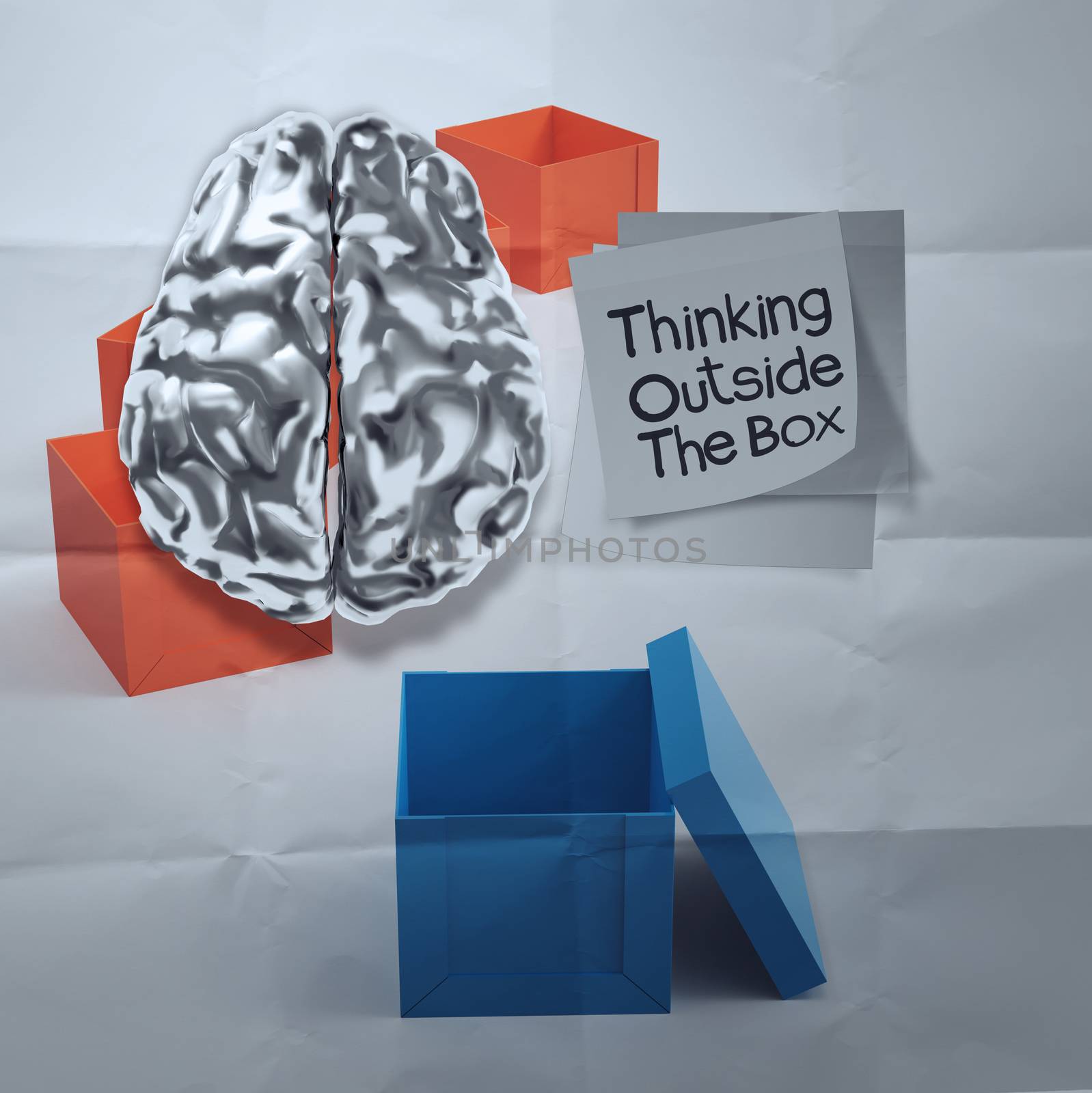 3d brain and thinking outside the box on crumpled sticky note paper as concept