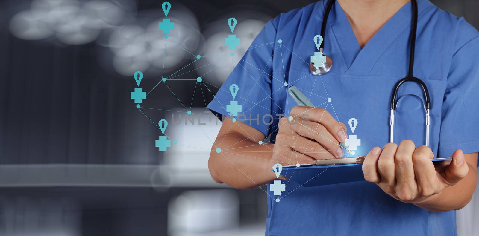 Medical Doctor working  with note board as medical network concept