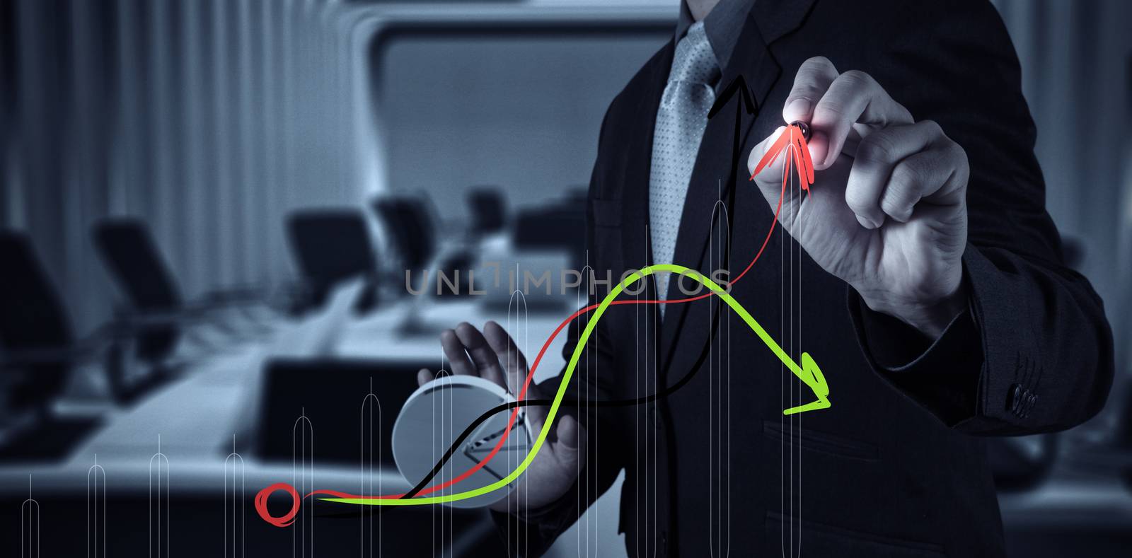 businessman hand working with new modern computer and business strategy as concept