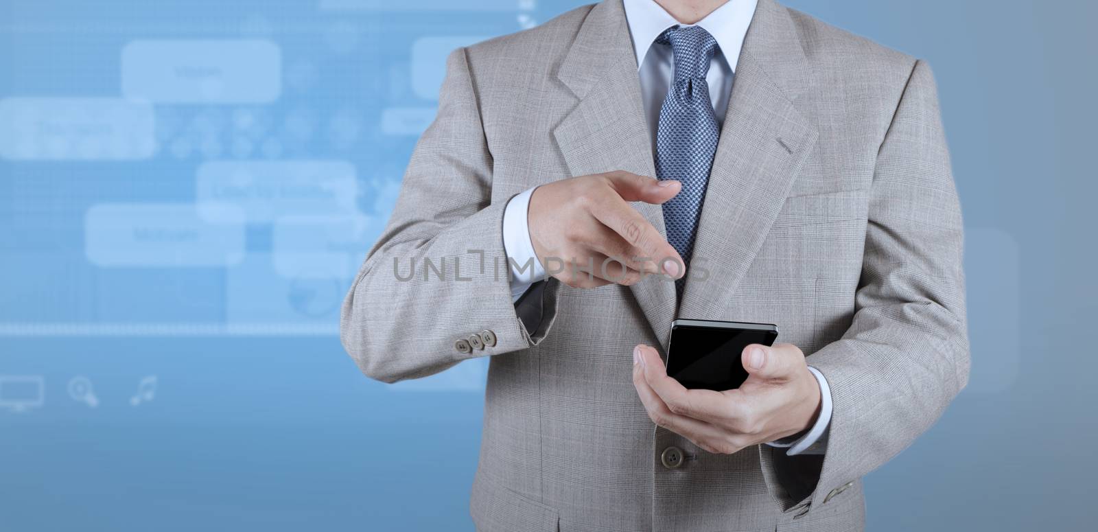 businessman with mobile phone on webinar screen background as concept