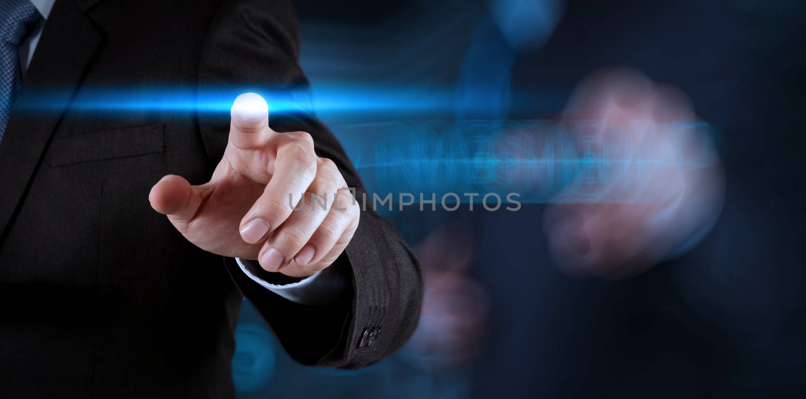 businessman hand pressing button with contact on virtual screens by everythingpossible
