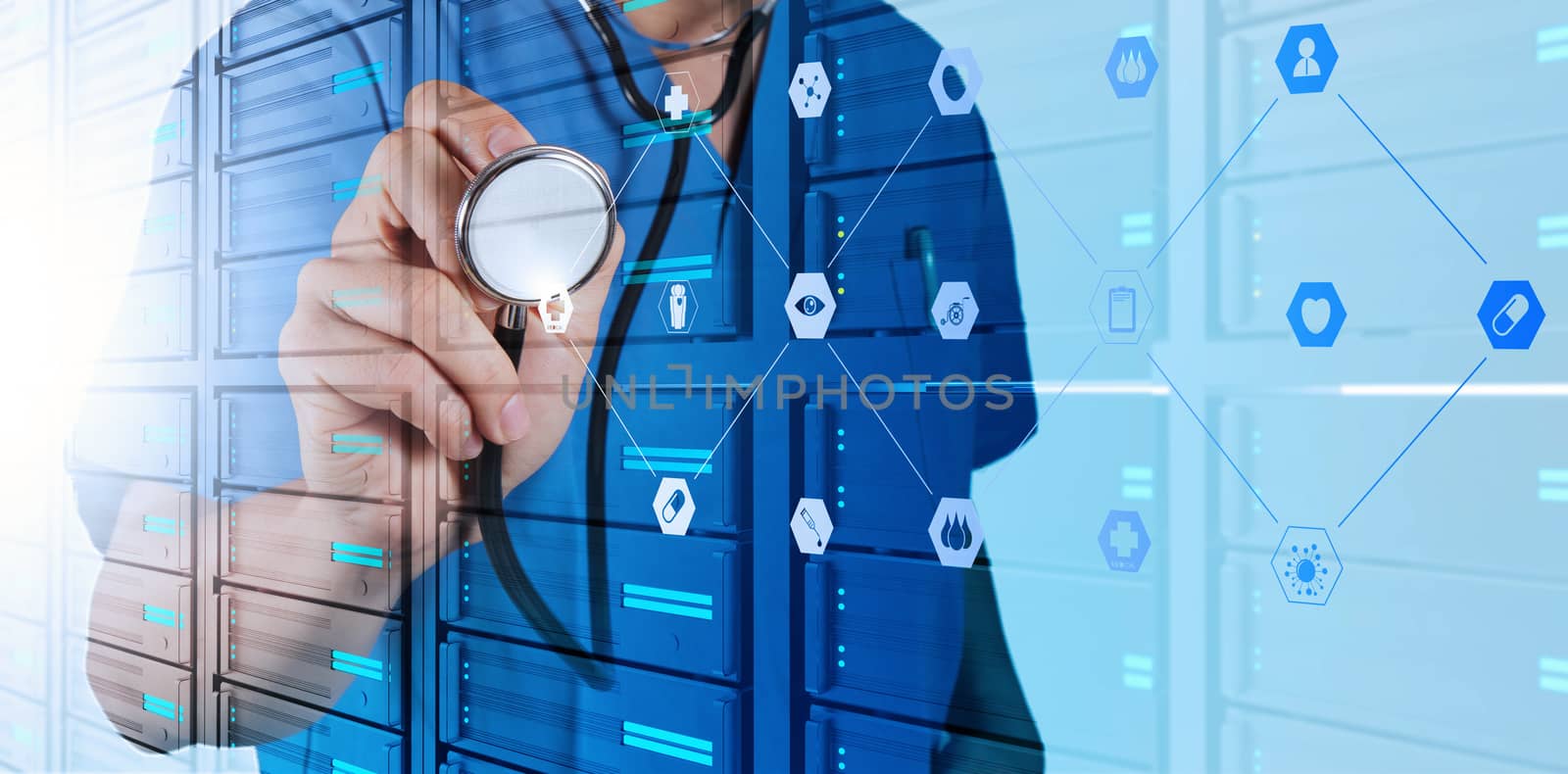 Double exposure of Medicine doctor hand working with modern computer interface as medical concept