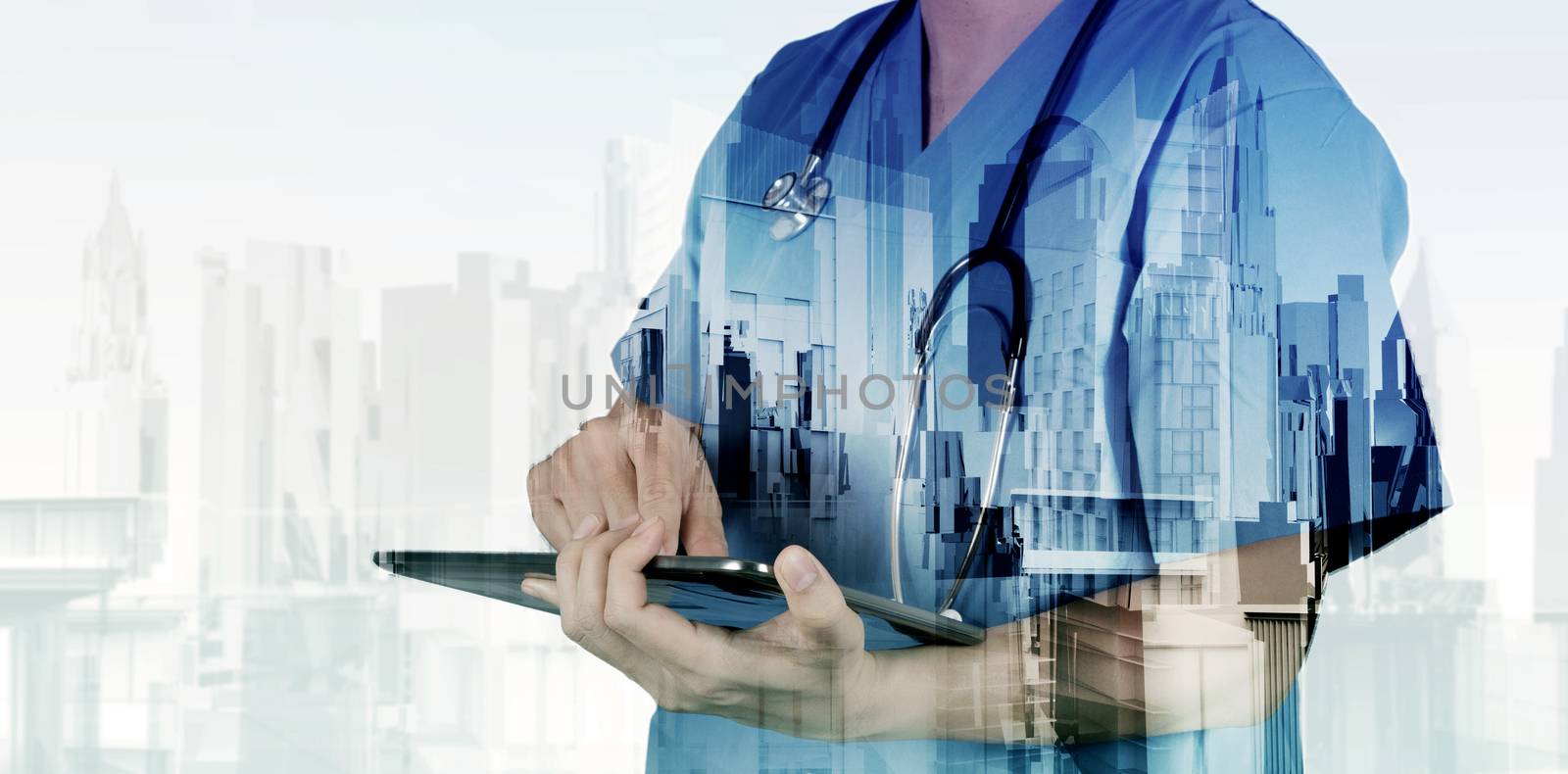 Double exposure of smart medical doctor working with abstract city as concept 