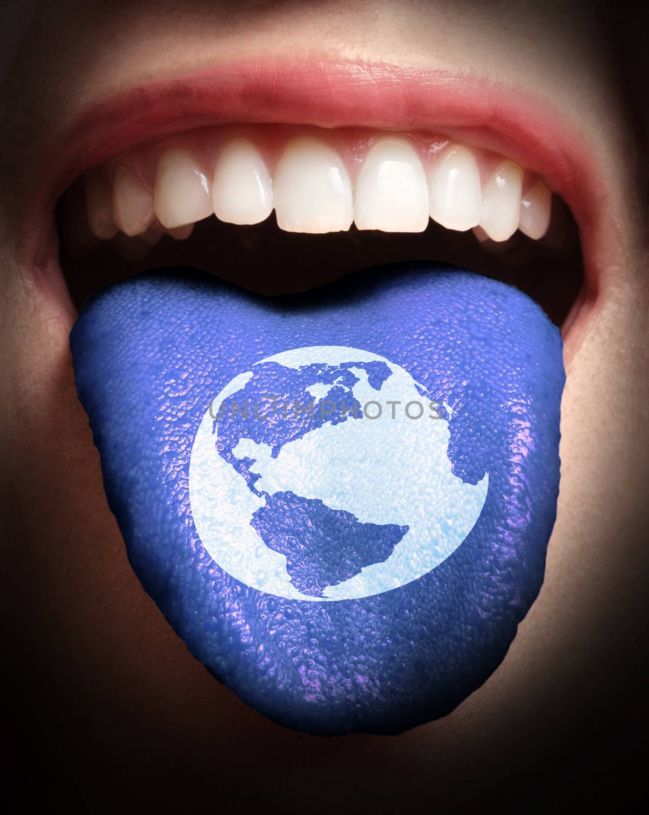 woman with open mouth spreading tongue colored in world icon as social network concept 