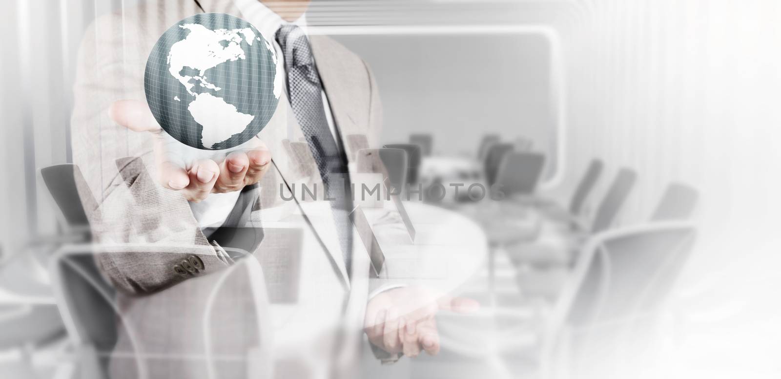 Double exposure of business  holding the earth and abstract board room as concept 