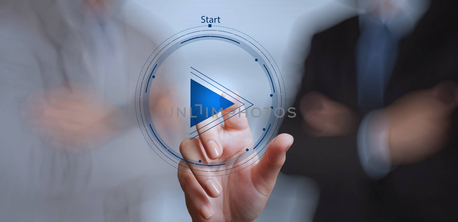 hand press play button sign to start or initiate projects with his team as concept 